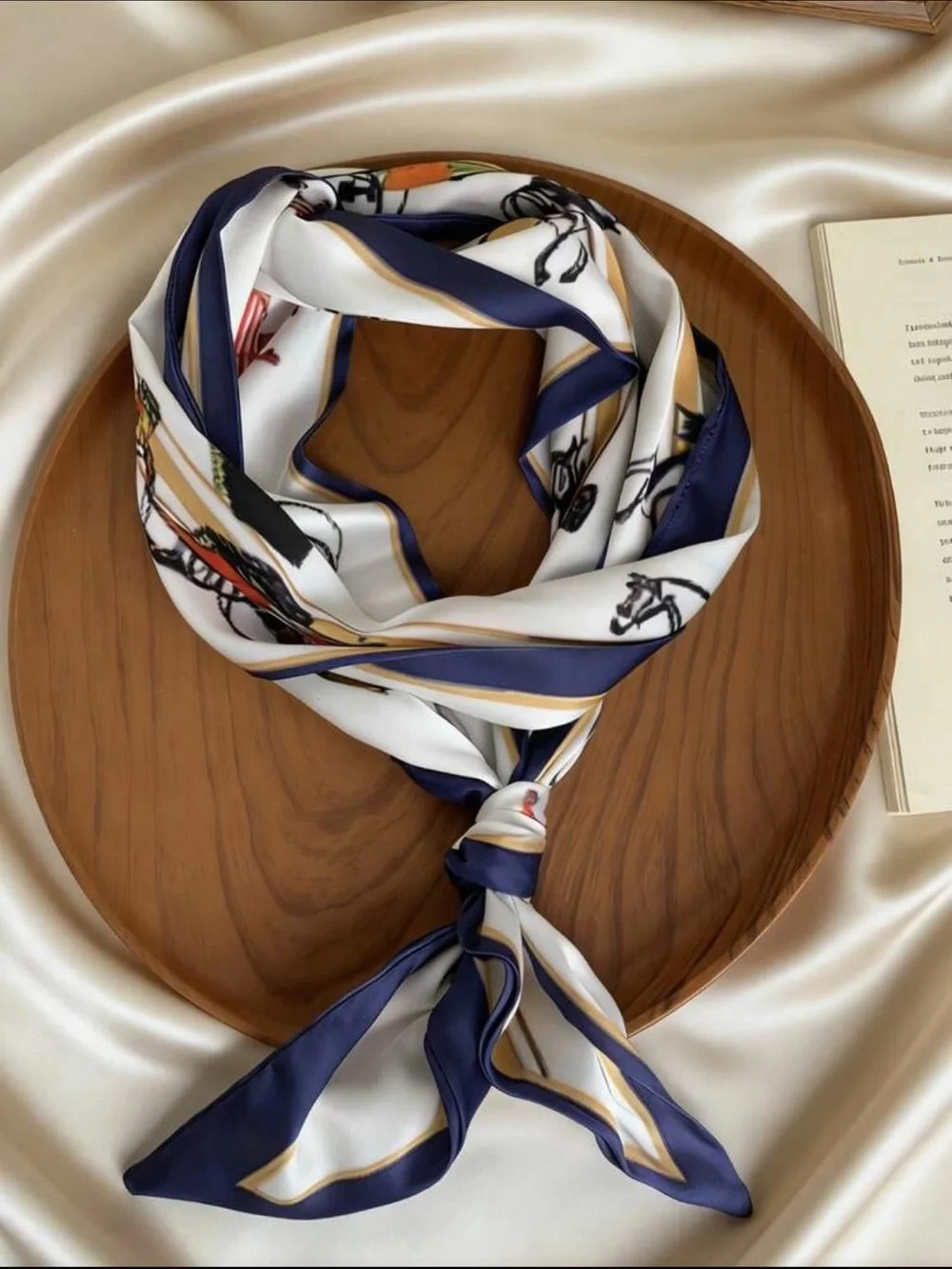 Elegant Multicolor Silk-Feel Neck Scarf with Navy Trim nwt get free scarf Ring!